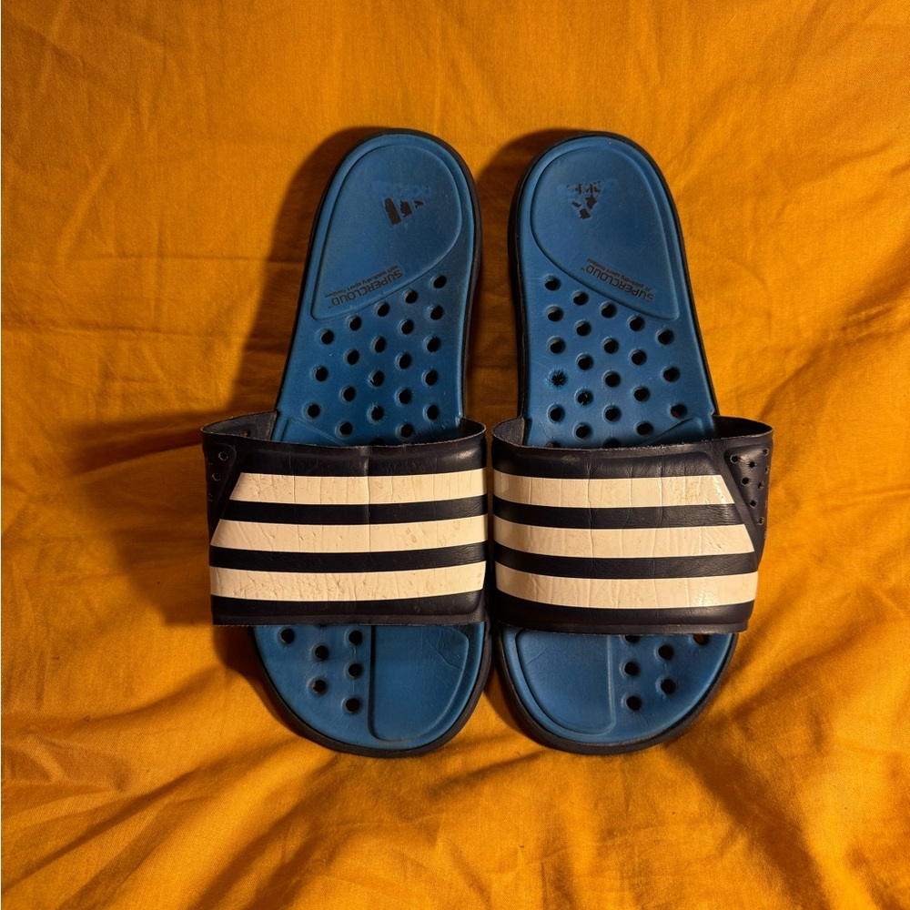 Adidas Men's Striped Blue and White Slides
